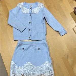 Blue Cardigan and Skirt Set with Lace Trim